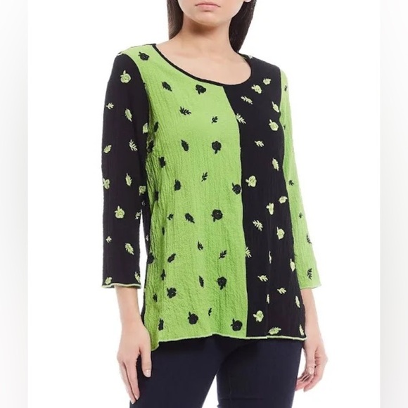 Ali Miles Women's Large Floral Color Block 3/4 Sleeve Tunic Brat Green Apple - Picture 13 of 14